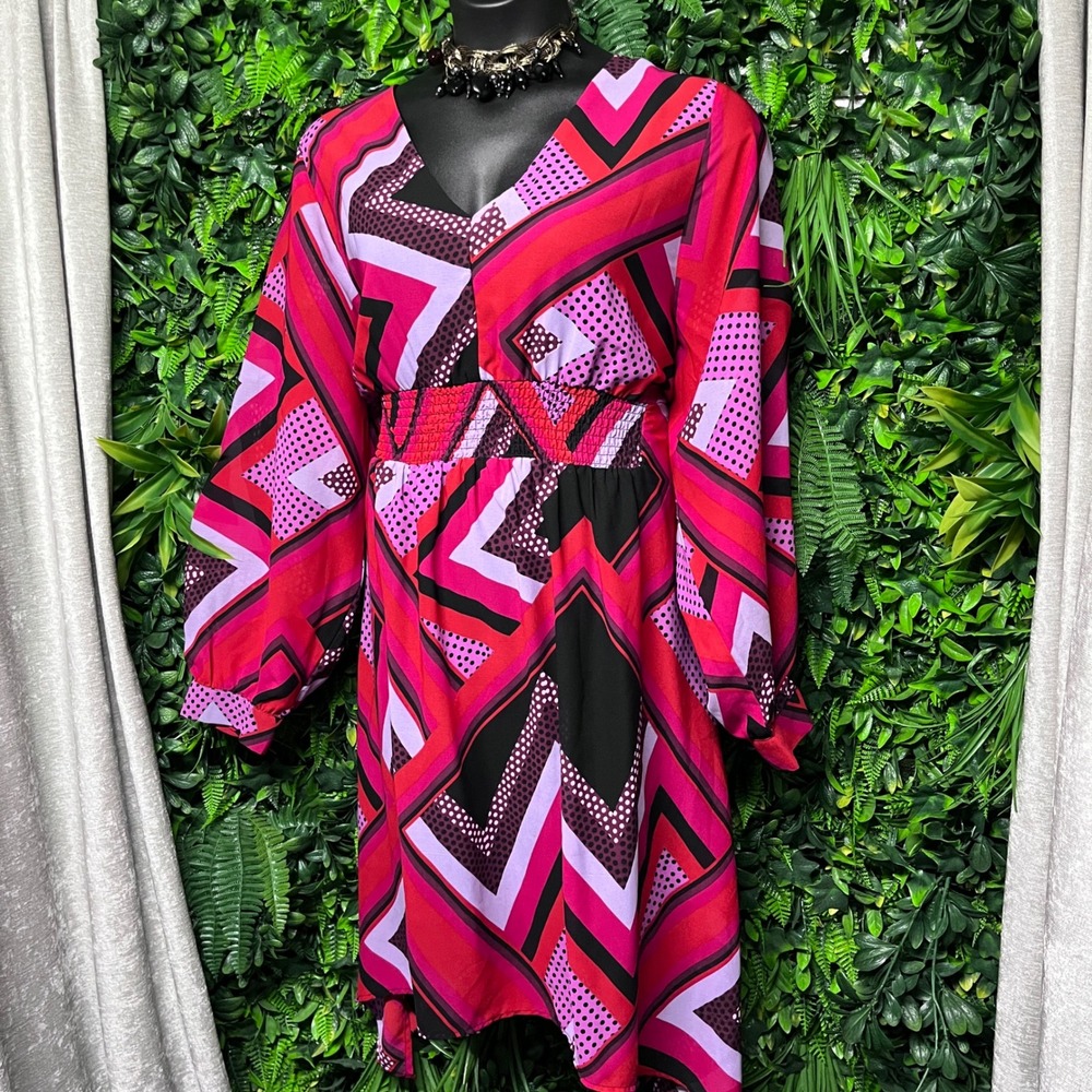 Ashley Stewart Dress Size 18/20 Pink Geometric Chevron High-Low V-Neck Boho 3778